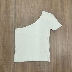 MNG Basics Asymmetric One-Shoulder Ribbed Crop Top Size S — Cream